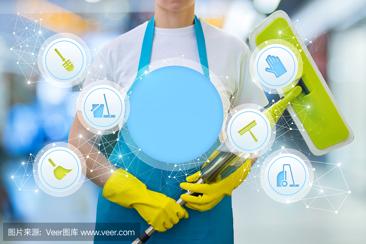 帶有清潔服務圖標的清潔工。